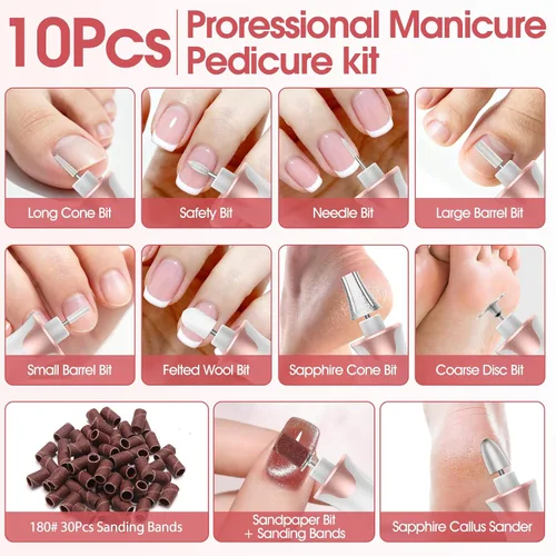 Vista 6 de Haootadiy Lima eléctrica de uñas, pulidor eléctrico inalámbrico con brocas de uñas, bandas de lijado, juego profesional de manicura y pedicura