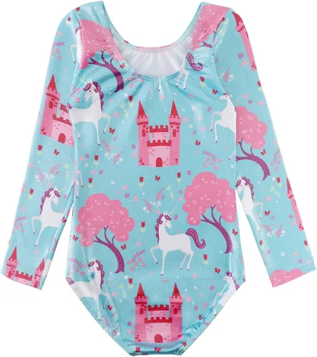 Vista 99 de HOZIY - Leotardos de manga larga para niñas, de gimnasia, para niños pequeños, trajes florales de unicornio, galaxia, arco iris, patrón de rayas