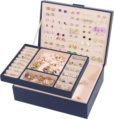Vista 3 de Caja organizadora de joyas cajas de joyería grandes de piel sintética collares anillos aretes organizador de almacenamiento pantalla de doble capa