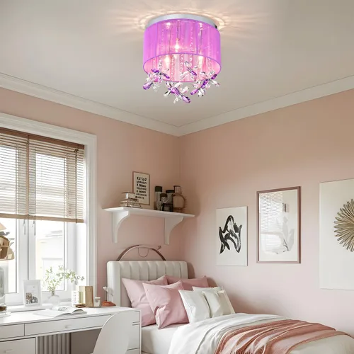 Vista 2 de LaLuLa Candelabro de cristal morado para dormitorio de niñas, lámpara de techo E12 de 3 luces, pantalla de cuerda de algodón hecha a mano, elegante