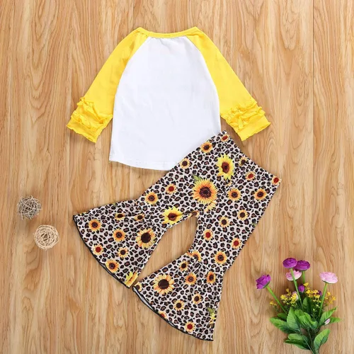Vista 3 de 2 unids bebé niñas girasol otoño ropa fuera del hombro camiseta superior volante flare pantalones conjunto niños campana inferior trajes