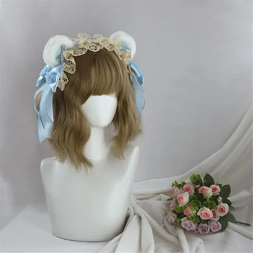 Vista 2 de Diadema Kawaii con moño, anime, oso de anime, orejas de gato, Lolita, sirvienta, cosplay, fiesta, accesorios, Blanco Azul, Talla única
