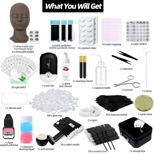 Vista 2 de Kit de extensión de pestañas profesional con cabeza de maniquí, párpados extraíbles, ventilador de pestañas USB, pestañas postizas individuales Negro