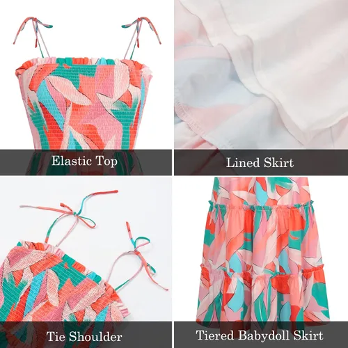 Vista 5 de Fashionme Vestido midi floral bohemio de verano para mujer, elástico fruncido, busto fruncido, lazo en el hombro, correa esférica, escalonada