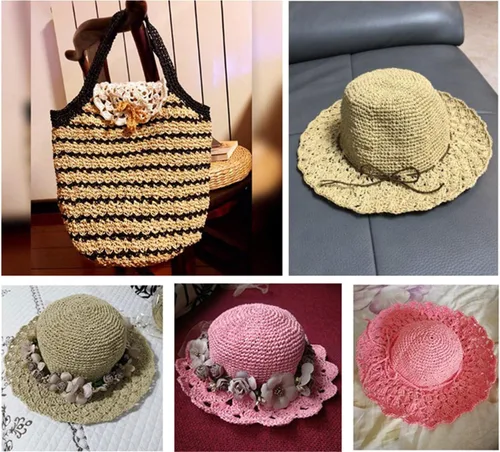 Vista 6 de Paquete de 2 cuerdas de rafia de algodón natural, rayón, hilo de rafia, para verano, sombrero de paja, bolsa de playa, bolsa de tejer a mano Negro