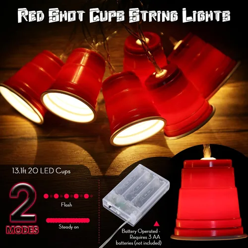 Vista 2 de Hiboom Cadena de luces LED rojas de 13 pies con 20 tazas rojas, mini luces de taza de chupito
