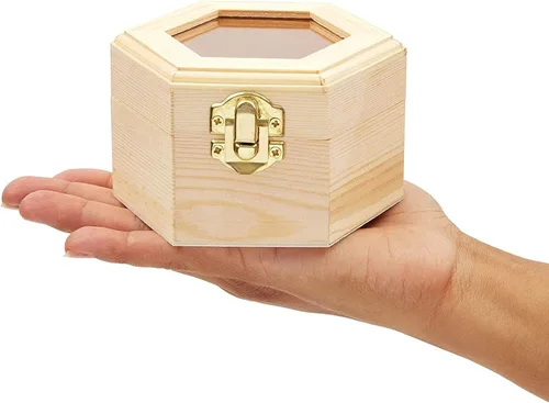 Vista 4 de Joyero de madera hexagonal sin terminar con ventana y hebilla francesa (paquete de 3)
