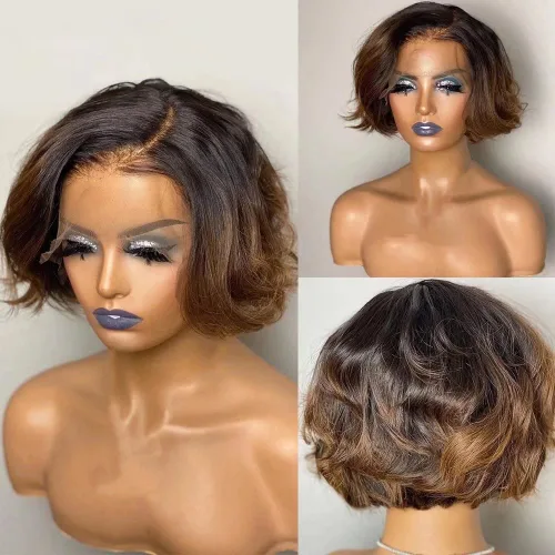Vista 11 de Pelucas de cabello humano con reflejos #1B/27, mezcla de rubios, color natural, con abuelitos, invisible HD, 13x4, encaje frontal, pelucas