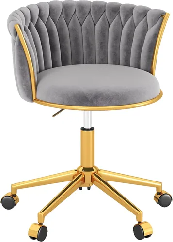 Vista 10 de Silla de oficina en casa tejida de terciopelo, moderna silla de escritorio giratoria con ruedas, silla de tocador ajustable en altura con base