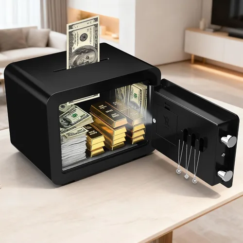 Vista 4 de Cajas fuertes pequeñas para el hogar, caja fuerte pequeña mini con ranura para monedas, cajas fuertes personales para dinero, efectivo, documentos