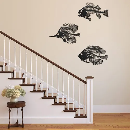 Vista 3 de Zhengmy - 3 piezas de metal para decoración de pared de pesca, diseño de hueso de pescado rústico, estilo náutico, para interiores, exteriores, Negro