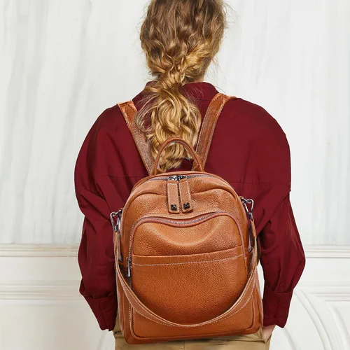 Vista 8 de BOYATU Mochila de cuero genuino para mujer mochilas suaves convertibles antirrobo - Elegante mochila de viaje para mujer (01 mediano-marrón caramelo)