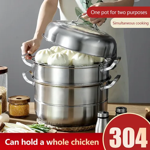Vista 8 de Olla de vapor de acero inoxidable 304 – Vaporizador de alimentos de 5 niveles de 12.8 pulgadas con tapa para verduras, mariscos, pastas, utensilios