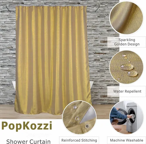 Vista 2 de Cortinas de ducha doradas para baño: cortina decorativa de ducha de tela brillante con purpurina - cortina de baño lujosa, elegante, elegante