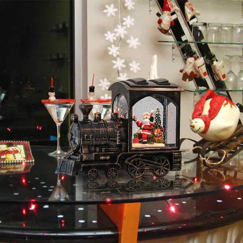 Vista 4 de GenSwin Linterna de globo de nieve con tren iluminado con música, nieve de agua, brillante, funciona con pilas, con temporizador, decoración musical