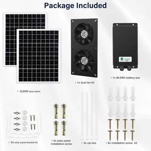Vista 8 de Kit de 2 ventiladores solares con batería de 66.6 Wh, panel solar de 50 W, ventiladores recargables resistentes a la intemperie para gallinero