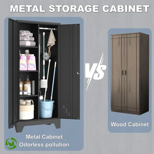 Vista 6 de OSEILLC Armario de Almacenamiento de Metal con Puertas con Cerradura, 61" de Alto para Garaje con Barra Colgante, Armario Escobero, Gabinete
