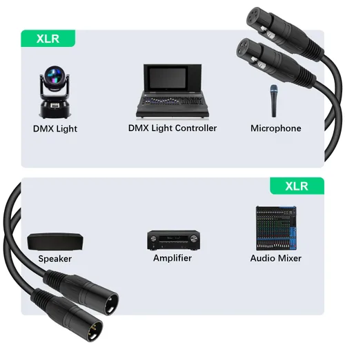 Vista 2 de J&D XLR Cable 2 unidades, adaptador de 3 pines a 5 pines (macho a hembra y hembra a macho) - Cable de micrófono DMX para audio e iluminación