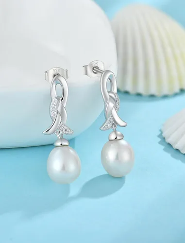 Vista 6 de Pearl Teardrop Earrings for Wedding Bridal 925 Sterling Silver with Freshwater Pearls Dangle Earrings for Women Perfect for Holiday Gifts