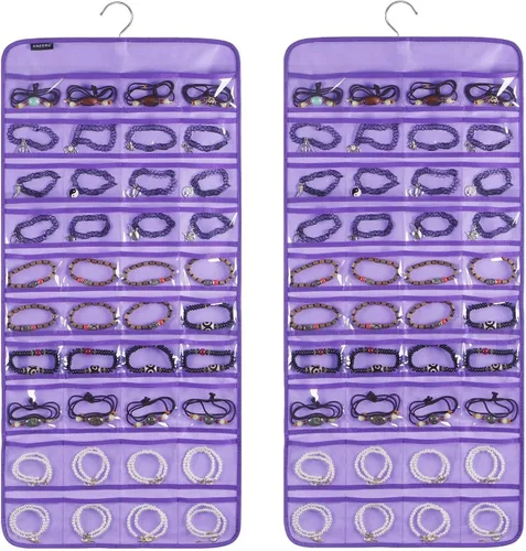 Vista 7 de Organizador de joyas colgante de 80 bolsillos para guardar joyas, soporte de exhibición de accesorios de doble cara para aretes, pulseras y anillos