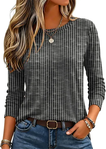 Vista 12 de Zeagoo Paquete de 3 camisetas de manga larga para mujer, estilo casual, suave, cuello redondo, básicas, ropa de otoño Z Rayas Azul 273