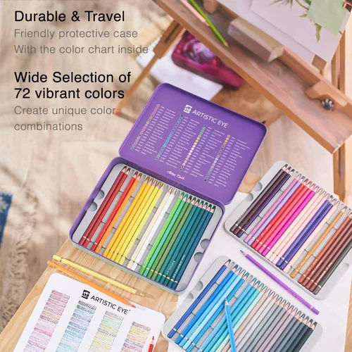 Vista 4 de ARTISTIC EYE - Lápices de colores de alta calidad, juego de 72, minas de núcleo suave de 0.150 in, colores ricos y vibrantes, mezclables, perfectos