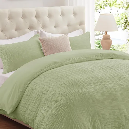 Vista 13 de Cozyide Beige Queen Duvet Cover Set, 3 Pieces Soft Seersucker Queen Size Duvet Cover with Zipper Closure and Corner Ties, 90"x90" Duvet Cover with 2