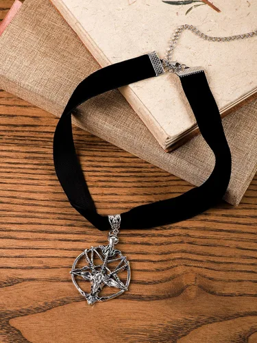 Vista 7 de Sacina Gargantilla gótica de baphomet, gargantilla de calavera de pentagrama negro, collar gótico, gargantilla gótica, gargantilla gótica