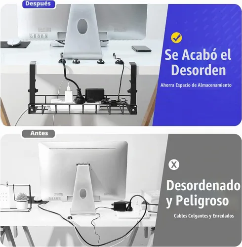 Vista 3 de Bandeja de Gestión de Cables Bajo el Escritorio Paquete de 2, Xpatee Gestión de Cables Sin Tornillos, Bandeja de Cables con Abrazadera para Gestión