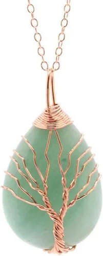 Vista 6 de Colgante de piedra de reiki de cristal curativo hecho a mano envuelto en alambre del árbol de la vida con gota de agua Amatista 2892E (ágata negra)