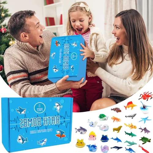Vista 5 de Bombas de baño de tiburón para niños con sorpresa de animales marinos en el interior – Set de regalo de bombas de baño naturales y seguras