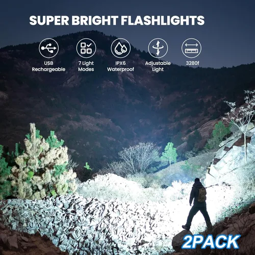 Vista 2 de Linterna recargable de 990,000 lúmenes altos, paquete de 3 luces LED con 5 modos, linterna de mano impermeable para campamento, hogar, exterior (2)