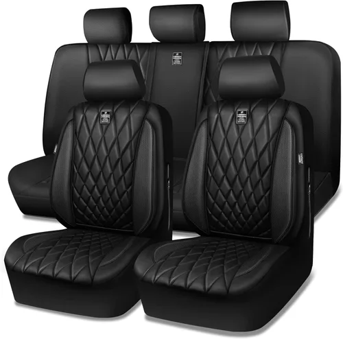 Vista 32 de Car Pass - Juego completo de fundas de asiento de lujo con ribete de cuero sintético, cubiertas de asiento automotrices antideslizantes impermeables