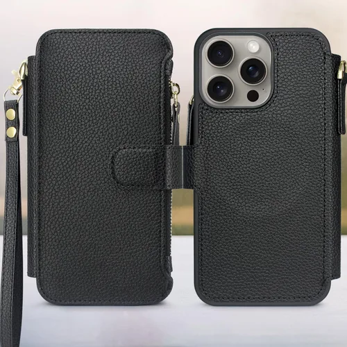Vista 2 de Harryshell Funda compatible con iPhone 15 Pro con carga inalámbrica MagSafe con 3 ranuras para tarjetas, bolsillo con cremallera, bolsillo