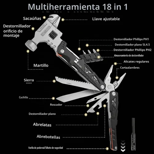 Vista 3 de 18 en 1 Multiherramienta, Negra, Alicates Multiherramienta Profesionales de Acero Inoxidable con Cuchillas de Aleación de Acero Reemplazables