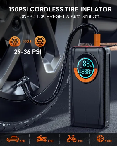 Vista 3 de Arrancador de batería HIPOM con compresor de aire, arrancador de batería de coche (8.0 Gas/7.0L Diesel), arrancador de batería portátil con inflador