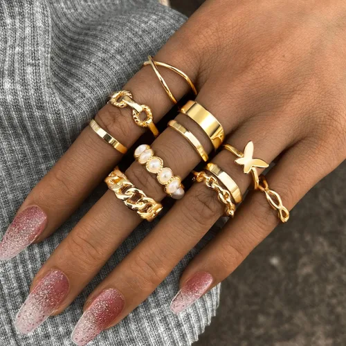 Vista 2 de Long tiantian Anillos dorados para nudillos para adolescentes y niñas, juego de anillos apilables estilo bohemio, huecos, tallados, apilables, midi