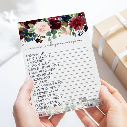 Vista 6 de Juegos de despedida de soltera con flores azules, 25 cartas, juego de palabras de boda, divertida actividad de adivinación para invitados, fiestas