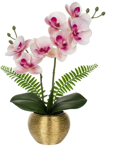 Vista 12 de Briful Pequeñas flores artificiales de orquídeas artificiales de 13 pulgadas en maceta de cerámica plateada, arreglo de orquídeas artificiales