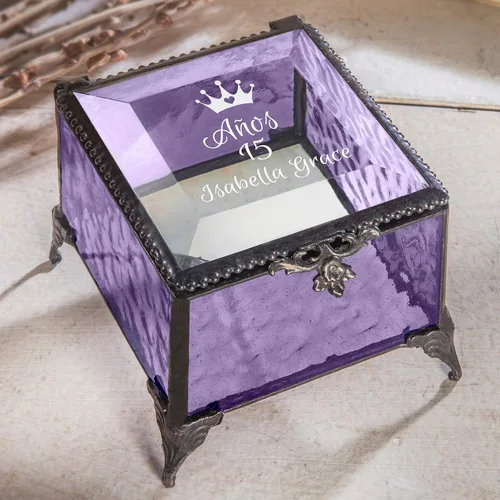Vista 4 de Joyero de quinceañera personalizado con grabado, caja de recuerdo de cristal, regalo de cumpleaños para hija, nieta, niña, amiga, anos 15 Mis