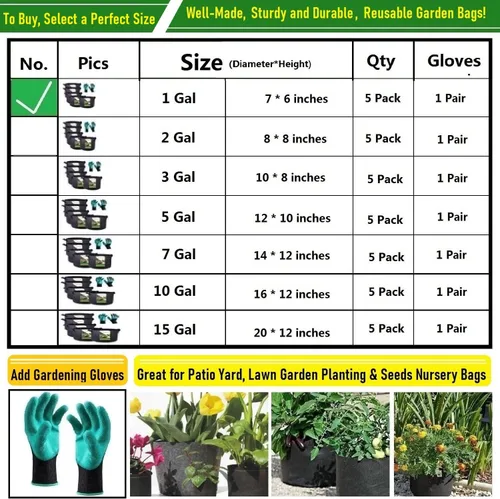 Vista 8 de Paquete de 5 bolsas gruesas de 1 galón para vivero, bolsas de cultivo de plantas (7 x 6 pulgadas), macetas de tela para macetas, bolsa de jardín