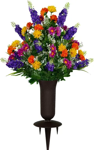 Vista 21 de Sympathy Silks Flores artificiales para cementerios – Decoraciones para tumbas - 1 ramo de flores silvestres de violeta púrpura y naranja, 1 montura