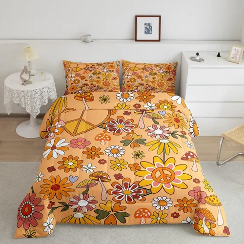 Vista 30 de Lindo juego de edredón de flores para niños y mujeres. Juego de ropa de cama de flores coloridas de dibujos animados, tamaño individual, bonito