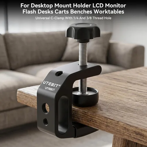 Vista 6 de UTEBIT 0.36"-1.2" Universal Aluminum C-Desk Clamp, Black Adjustable Support Clamp with 1/4" and 3/8" Thread for Desktop Mount Holder Flash Desks