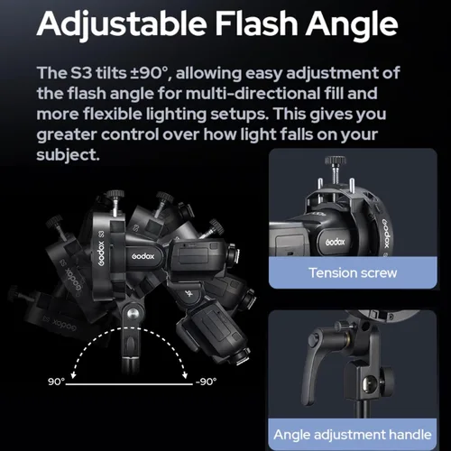 Vista 5 de Godox Soporte de flash Speedlite S3, soporte de montaje Bowens, agujero para paraguas, ± 90 ° de inclinación S-Type Bracket for Godox V1 V1 Pro