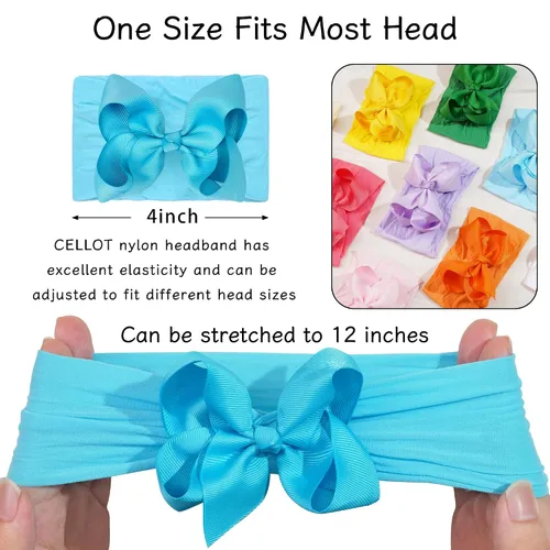 Vista 4 de CÉLLOT Diademas de 20 colores para bebé niña con lazos para el pelo de 4 pulgadas, turbante de nailon, diademas para recién nacidos y niños pequeños