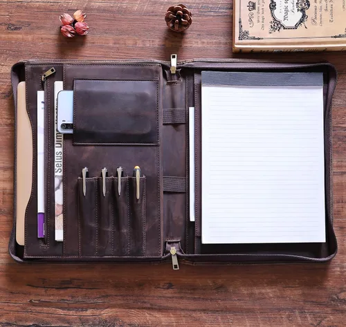 Vista 12 de Cartera de piel auténtica, con cremallera para hombres, carpeta de cuero para bloc de notas tamaño carta, cartera para mujeres, organizador de Cera