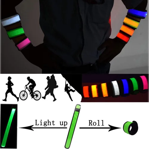 Vista 5 de Pulseras LED que brillan con luz para el brazo, bandas de muñeca intermitentes de alta visibilidad, luces de equipo de seguridad para ciclismo