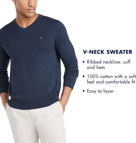 Vista 5 de Tommy Hilfiger Suéter esencial de algodón con cuello en V y manga larga para hombre