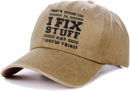 Vista 3 de Gorro de béisbol con texto en inglés That's What I Do I Fix Stuff and I Know Things, regalo de cumpleaños para hombre, color negro